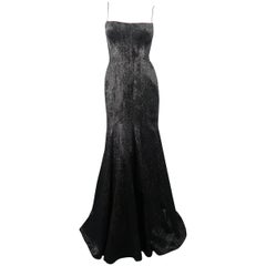 PETER SORONEN Size 6 Black Floral Jacquard Lurex Corset Gown
