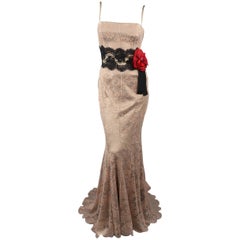 DOLCE & GABBANA Dress - Size 8 Beige Silk Lace Red Flower Sash Belt Gown Dress