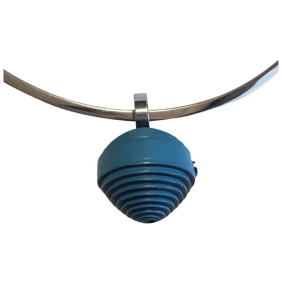 HERMES Choker Necklace 'Jojoba' model in Steel and Blue Jean Calfskin Leather