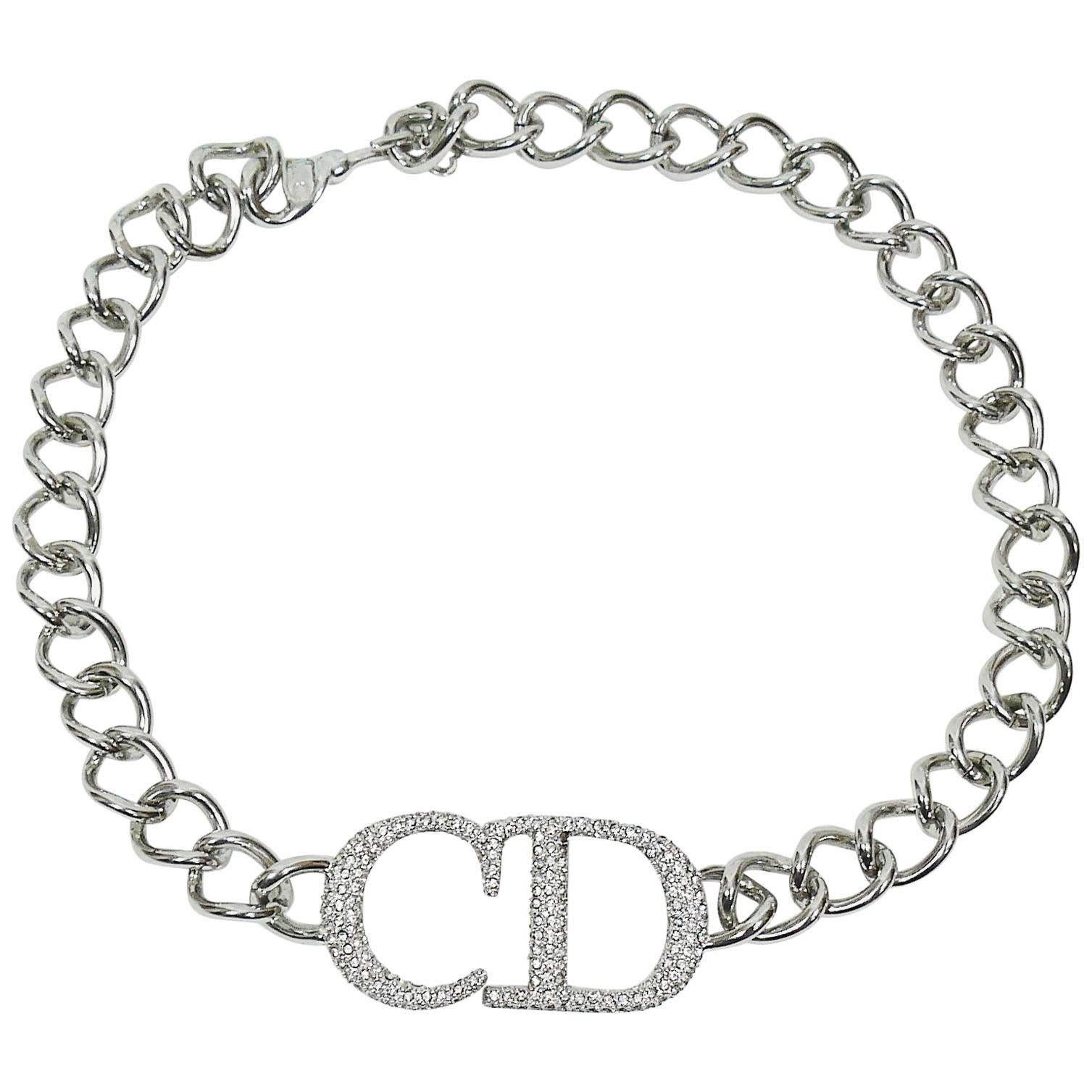 Christian Dior Silver Toned Diamante CD Monogram Necklace