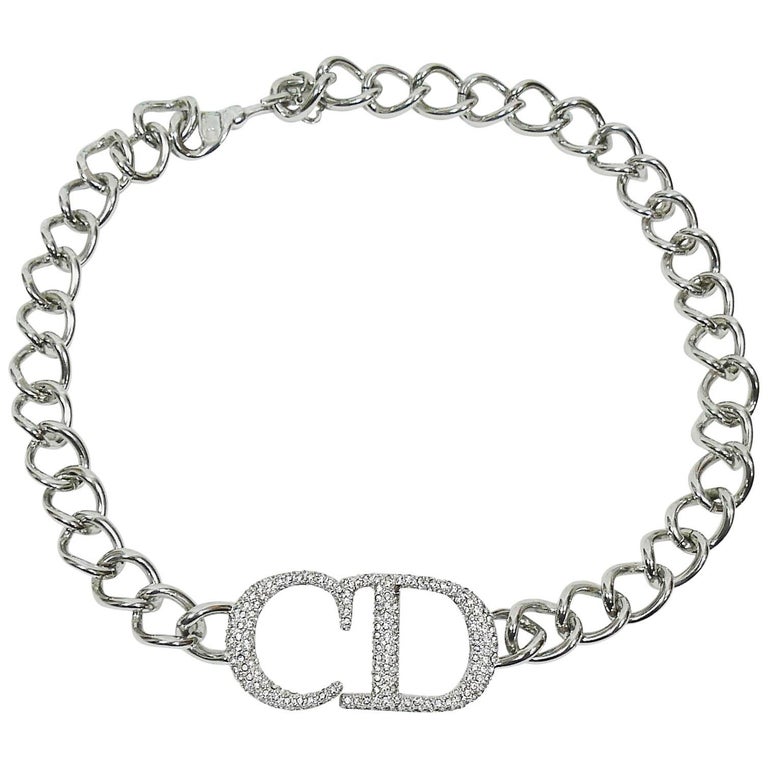 Christian Dior Silver Toned Diamante CD Monogram Necklace at 1stDibs