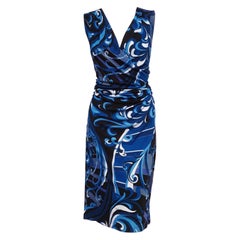Emilio Pucci Blue Tones  Plunging V Neck Dress with Side Draping