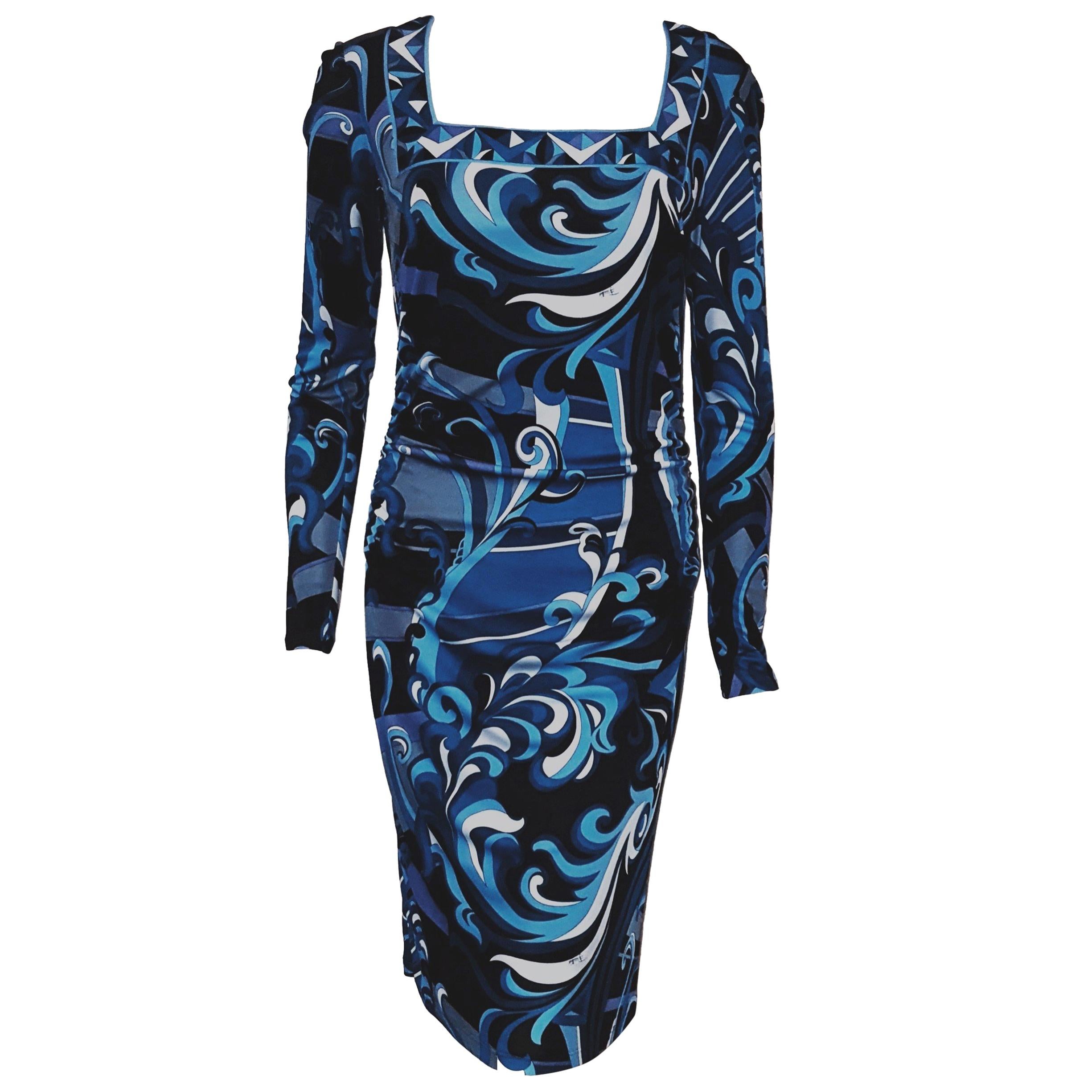 Emilio Pucci Blue Tones Gathered Long Sleeve Dress For Sale