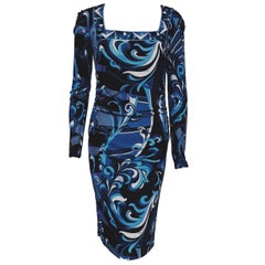 Emilio Pucci Blue Tones Gathered Long Sleeve Dress