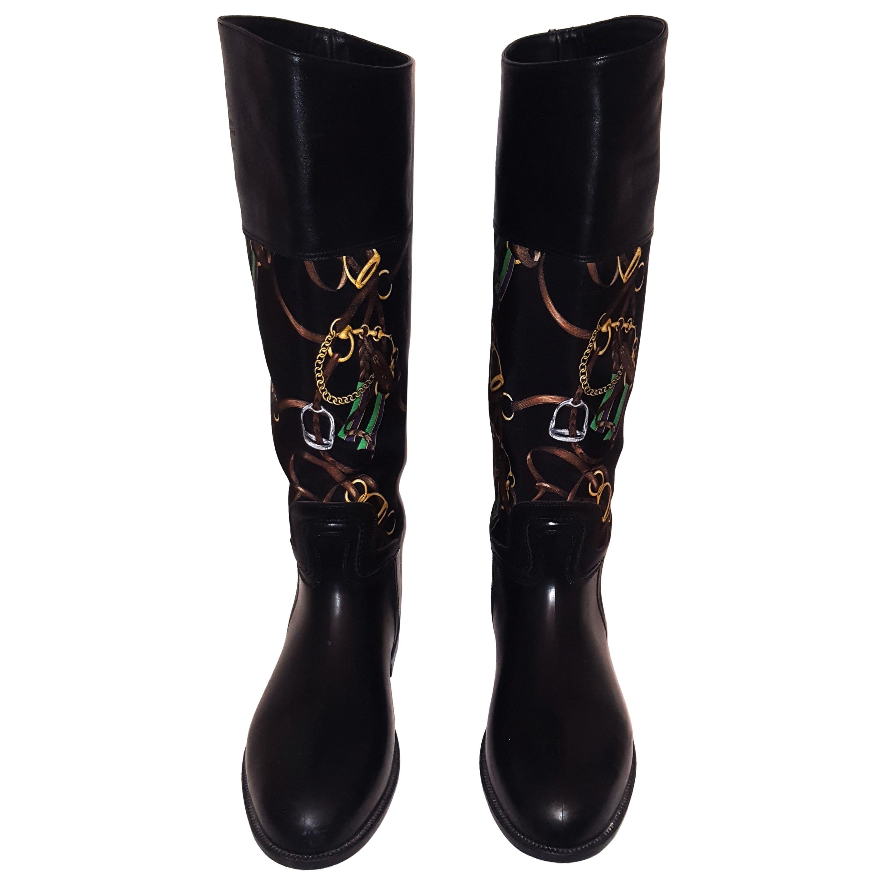 Ralph Lauren Black Riding Boots with Equestrian Theme Fabric Inserts For Sale