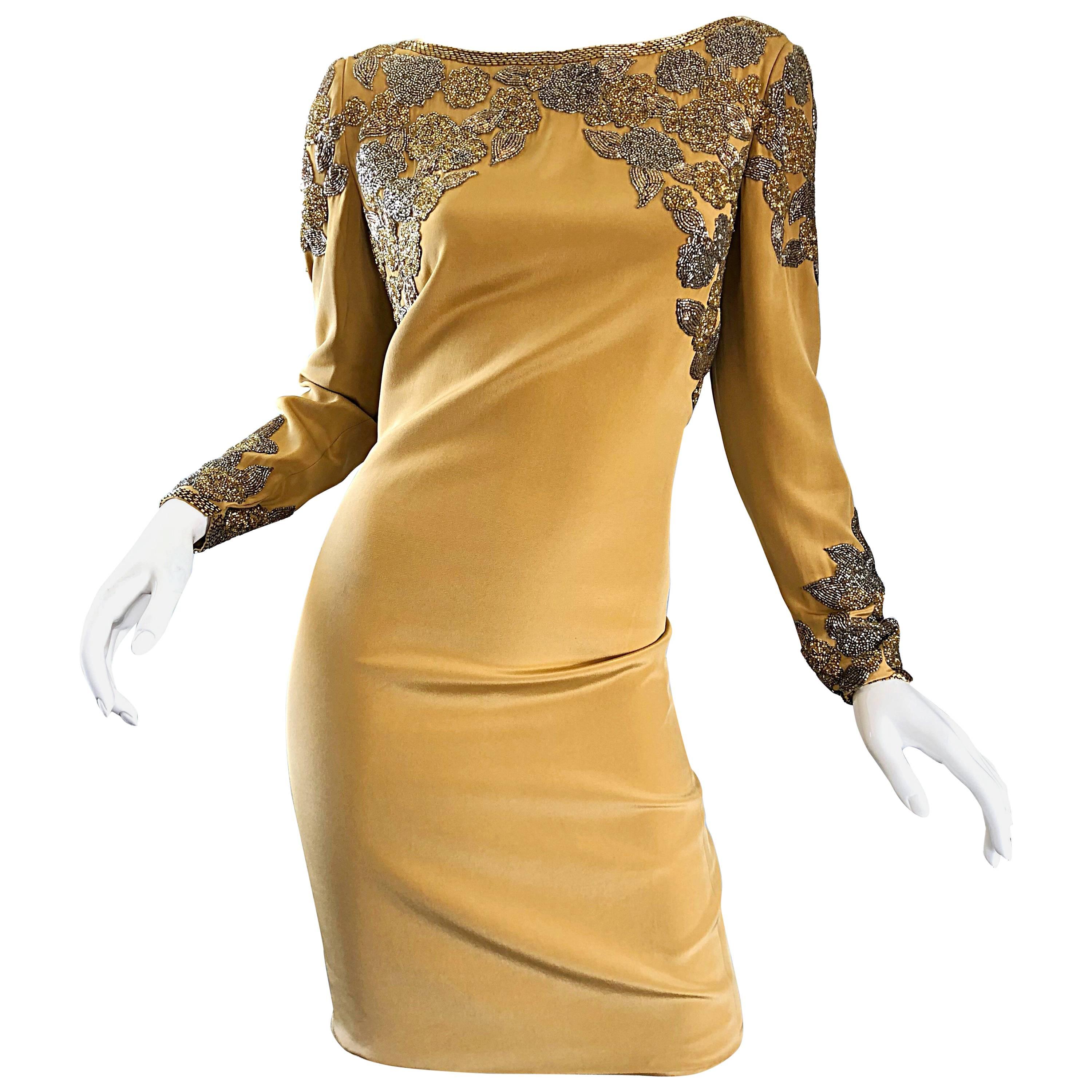 Vintage Oleg Cassini Size 8 Beautiful 1990s Gold Silk Beaded  90s Dress For Sale
