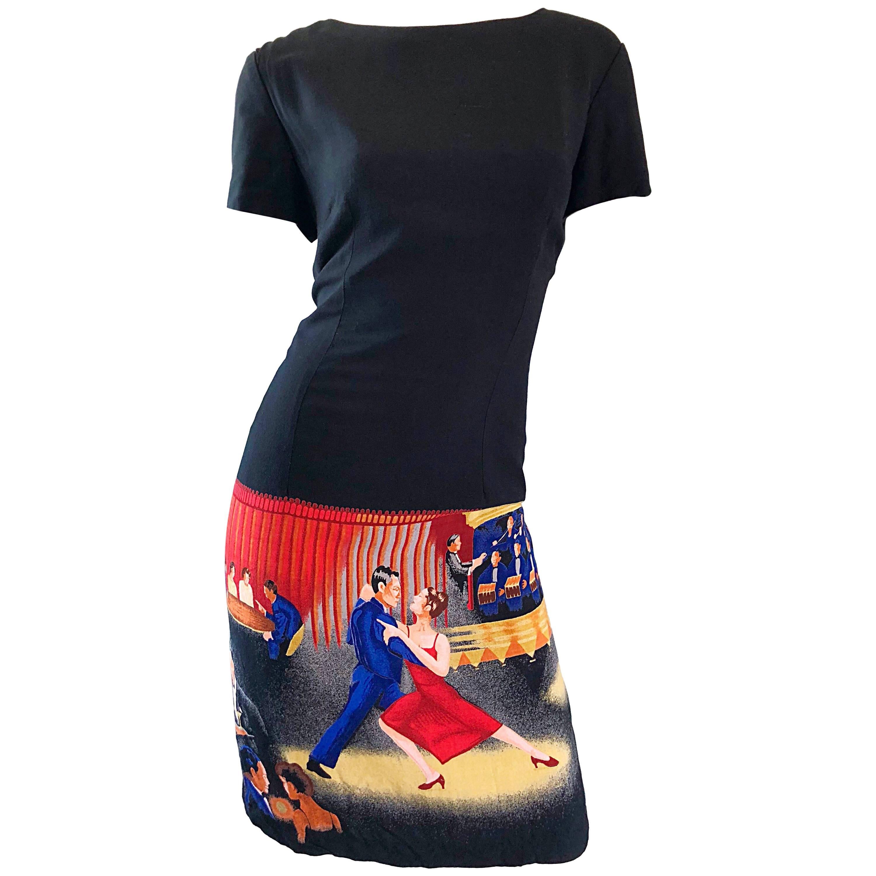 Erstaunlich 1990er Jahre Neuheit Print Ballrom Tänzer Vintage 90er Jahre Schwarzes Kleid im Angebot