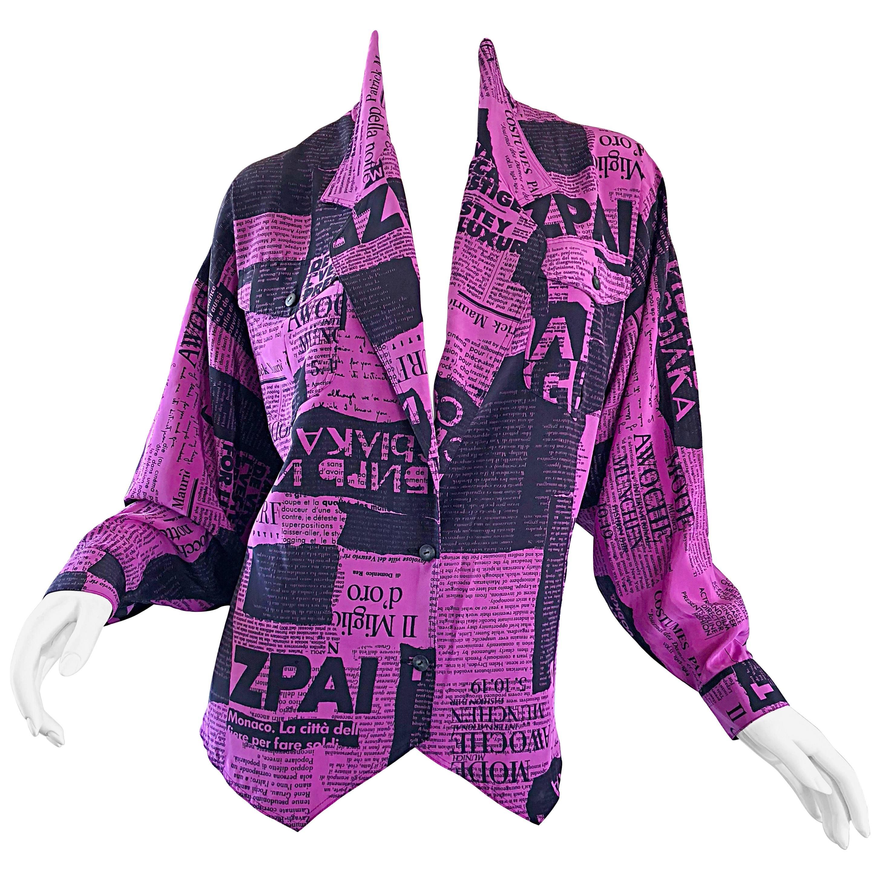 Amazing 1980s Purple + Black Newspaper Print Vintage 80s Novelty Jacket Blouse