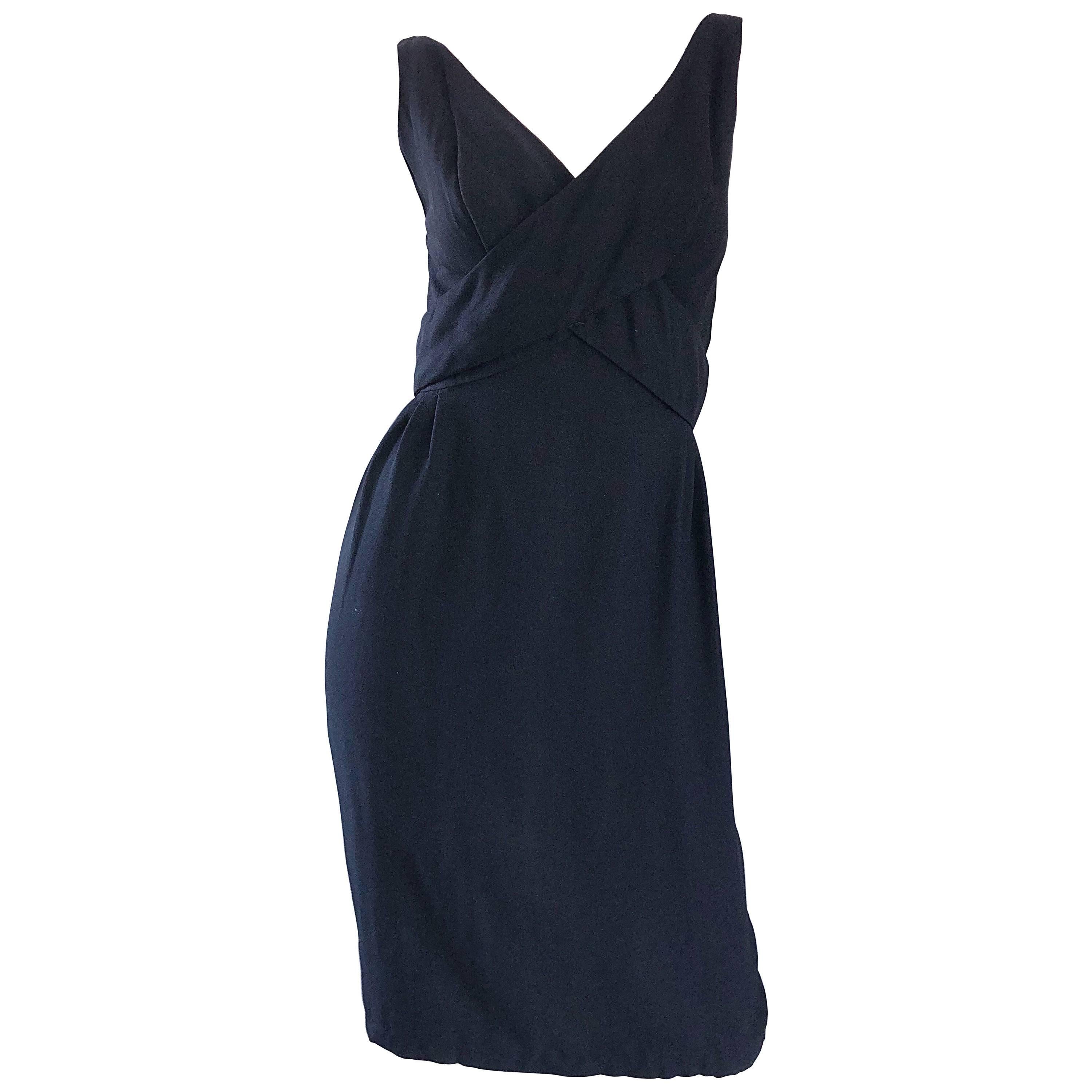 1950s Chic Crepe Sleeveless Perfect Vintage 50s Little Black Sheath Dress