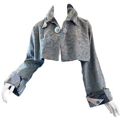 Incredible 1990s Light Blue Taupe Baroque Print 90s Vintage Cropped Silk Jacket