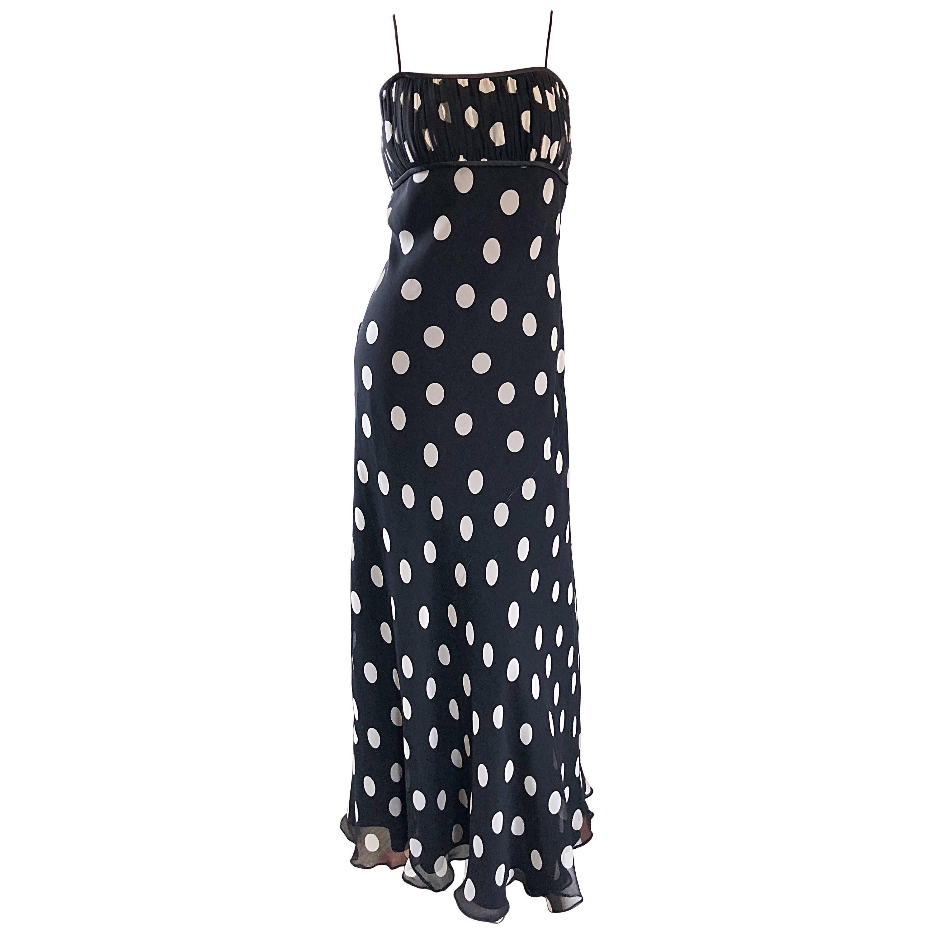 1990s Abriele Melano Black and White Polka Dot Silk Chiffon Maxi Dress 90s Gown