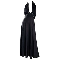 1970s Black Jersey Rhinestone Encrusted Sexy Retro 70s Grecian Halter Gown