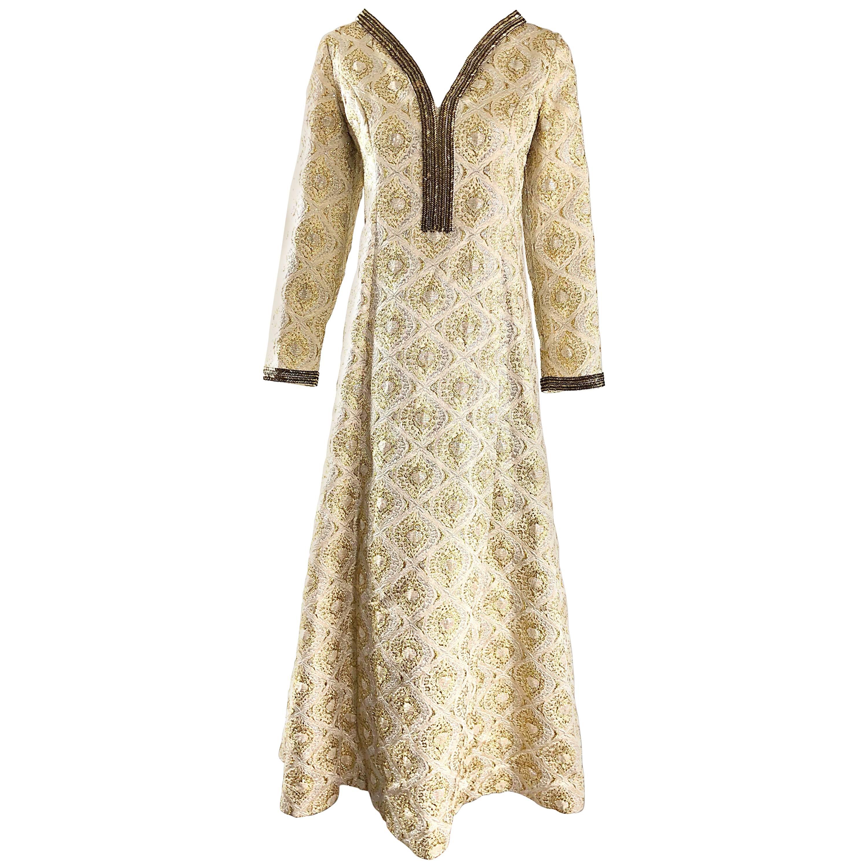 Amazing 1970s Gold + Silver Silk Brocade Beaded Vintage 70s Caftan Maxi Dress