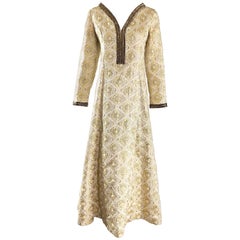 Amazing 1970s Gold + Silver Silk Brocade Beaded Vintage 70s Caftan Maxi Dress