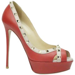 Valentino Red and Nude Rock Stud Peeptoe Platform with Spiked Heel ...