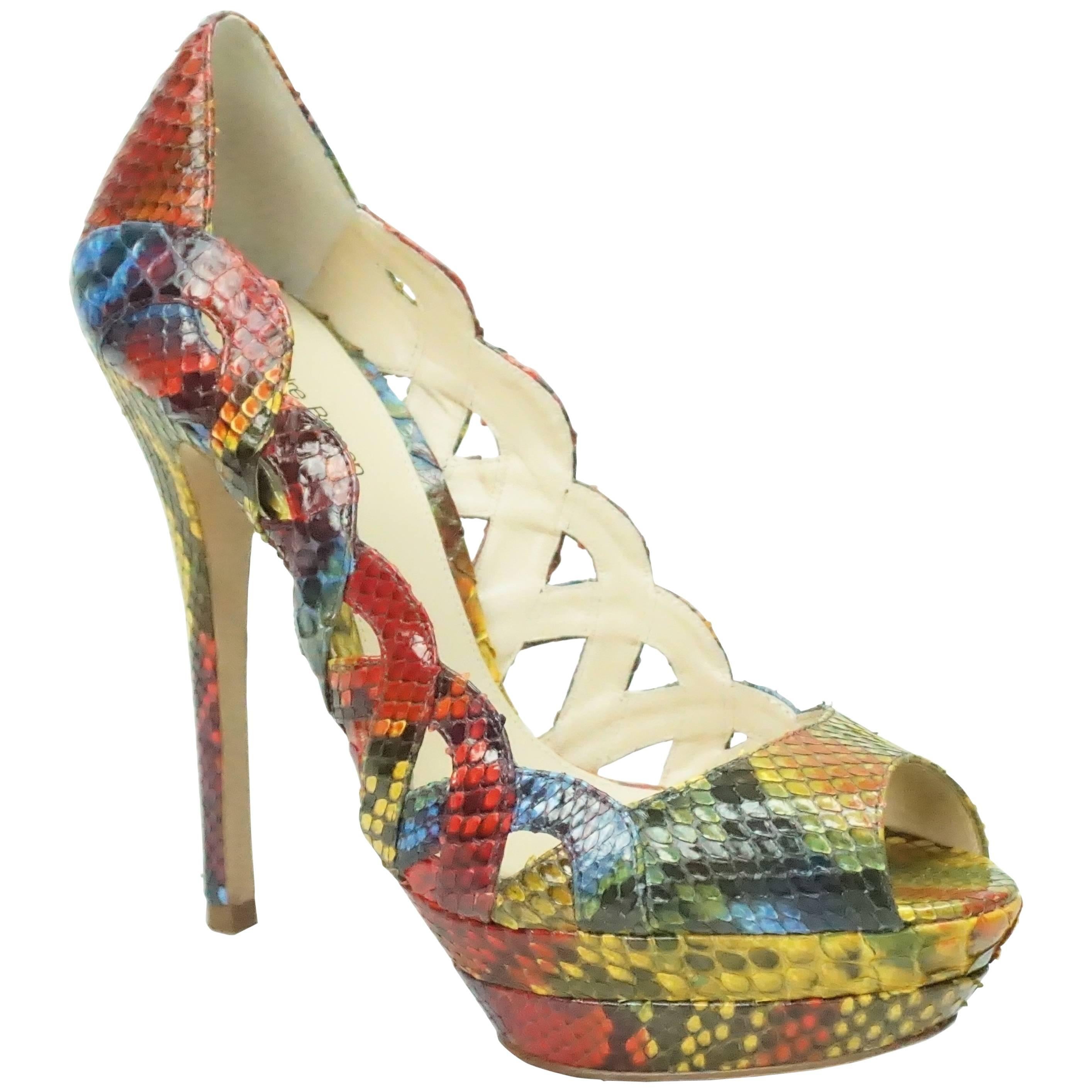 Alexandre Birman Multi Color Python Peeptoe Platform Heel - 8 For Sale