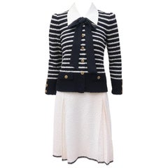 Adolfo Black and White Striped Nubby Wool Knit Dress Suit