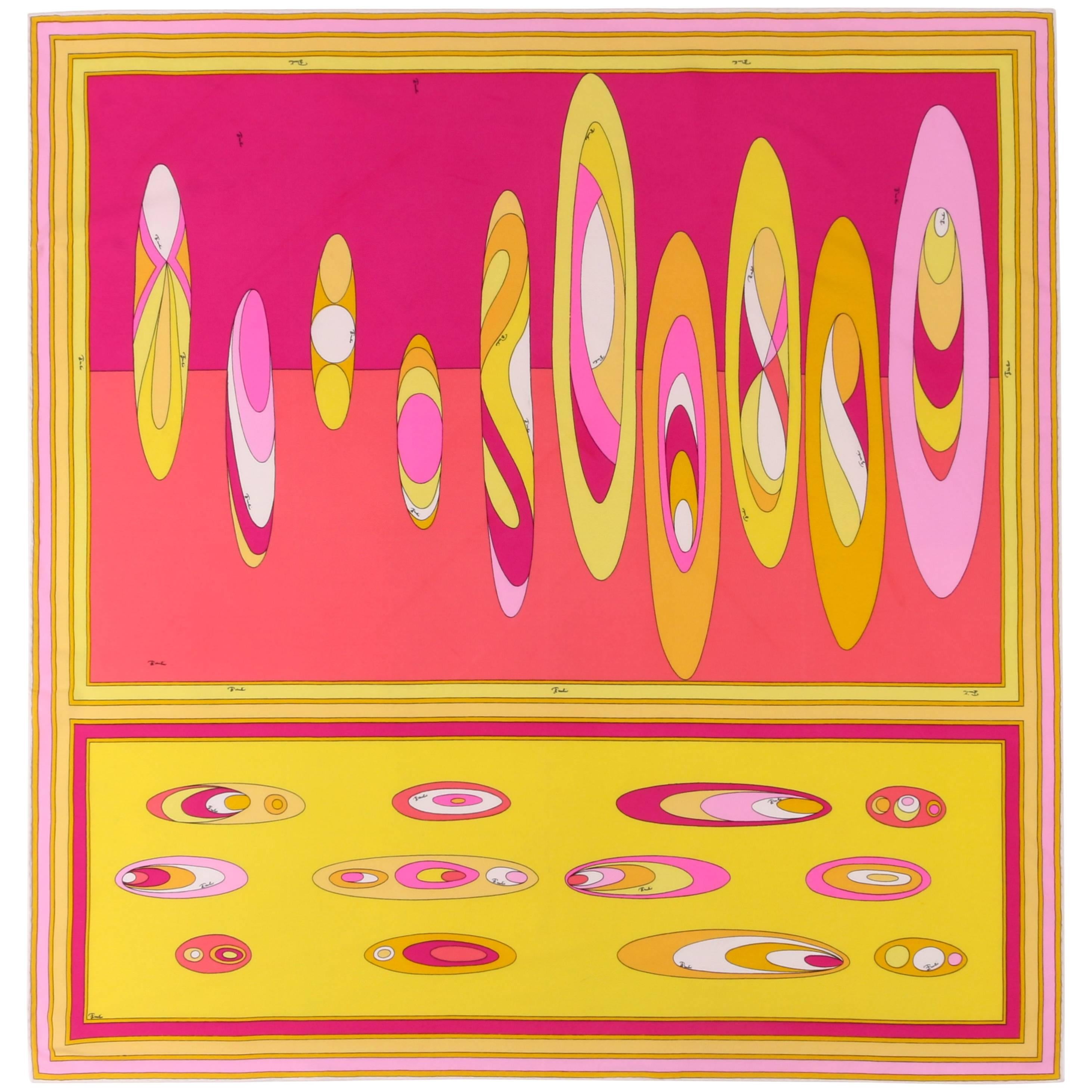 EMILIO PUCCI c.1960's Multicolor Op Art Bubble Signature Print Silk Scarf