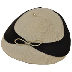 1940s Ivory and Black Straw Hat with Pearl Pin