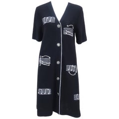 Steve Fabrikant Black and White Knit Trapeze Dress With Musical Notes, 1980s