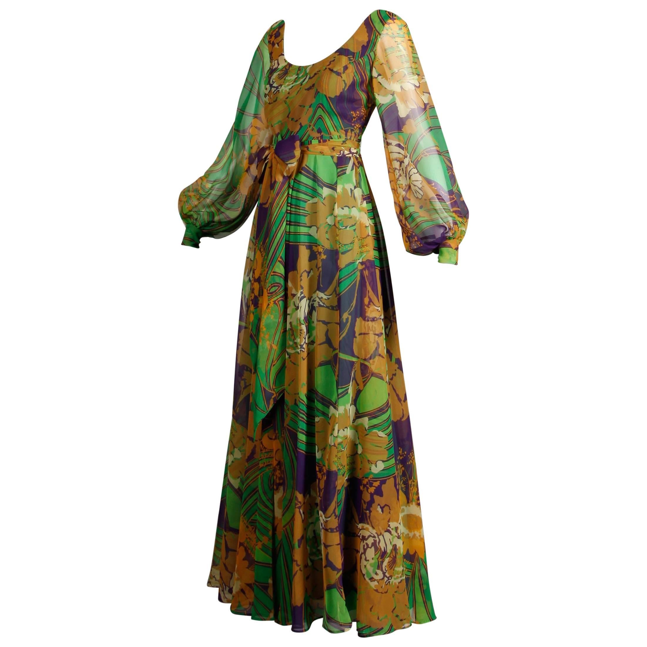 1970s Vintage Tropical Print Sheer Sleeves Chiffon Maxi Dress with Full Sweep