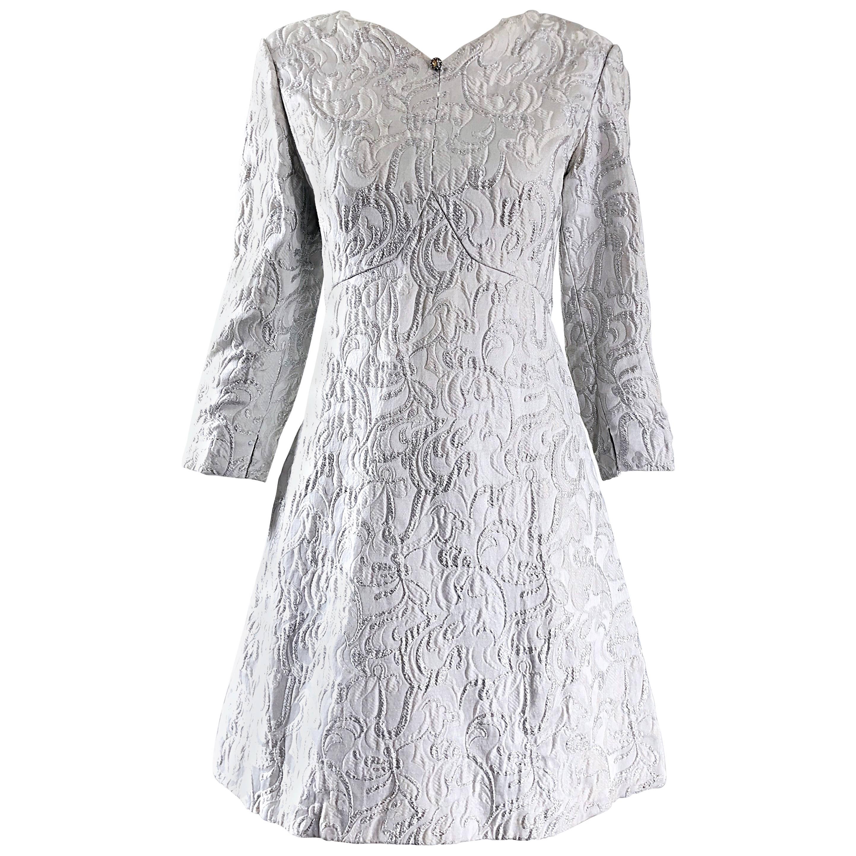 Documented Ceil Chapman 1960s silk brocade silver and white A-Line dress