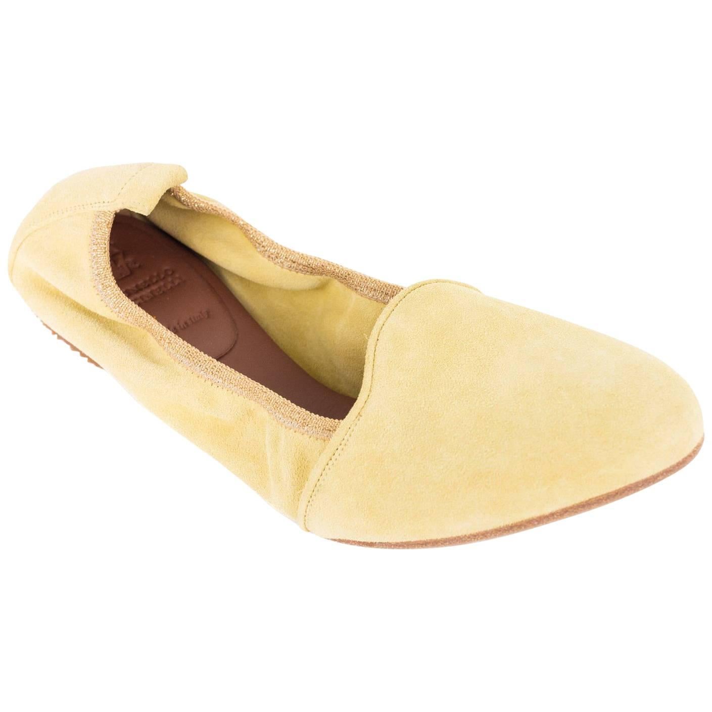 Brunello Cucinelli Pale Yellow Suede Glitter Trimmed Ballet Flats For Sale