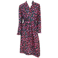 1970s I. Magnin Floral Dress with Matching Belt, Ruffled Neckline, and Sleeves