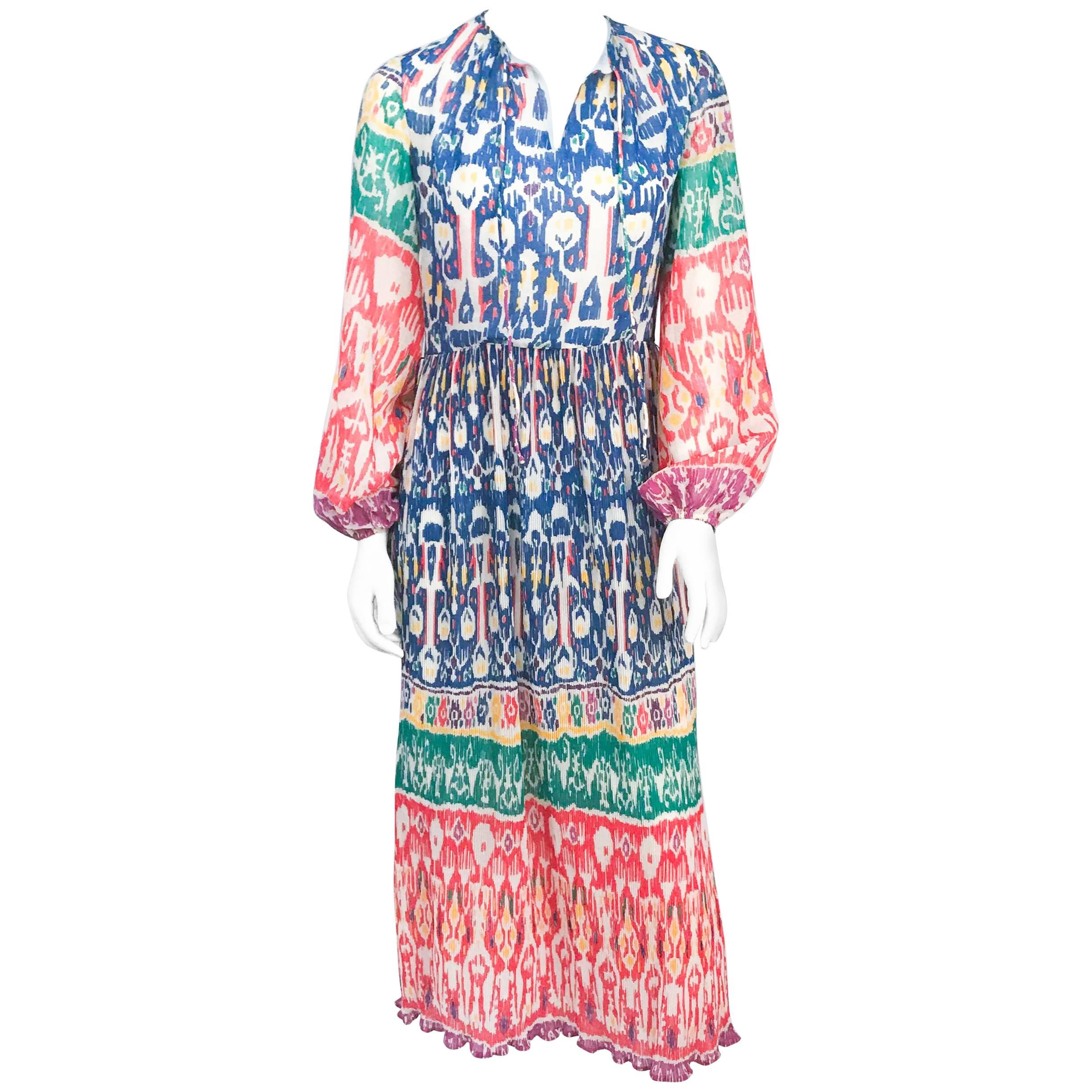 1970s I. Magnin Pleated Impressionist Printed Day Dress For Sale