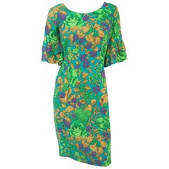 1960s Green Ruffled Bell Sleeved, Floral, and Fitted Dress