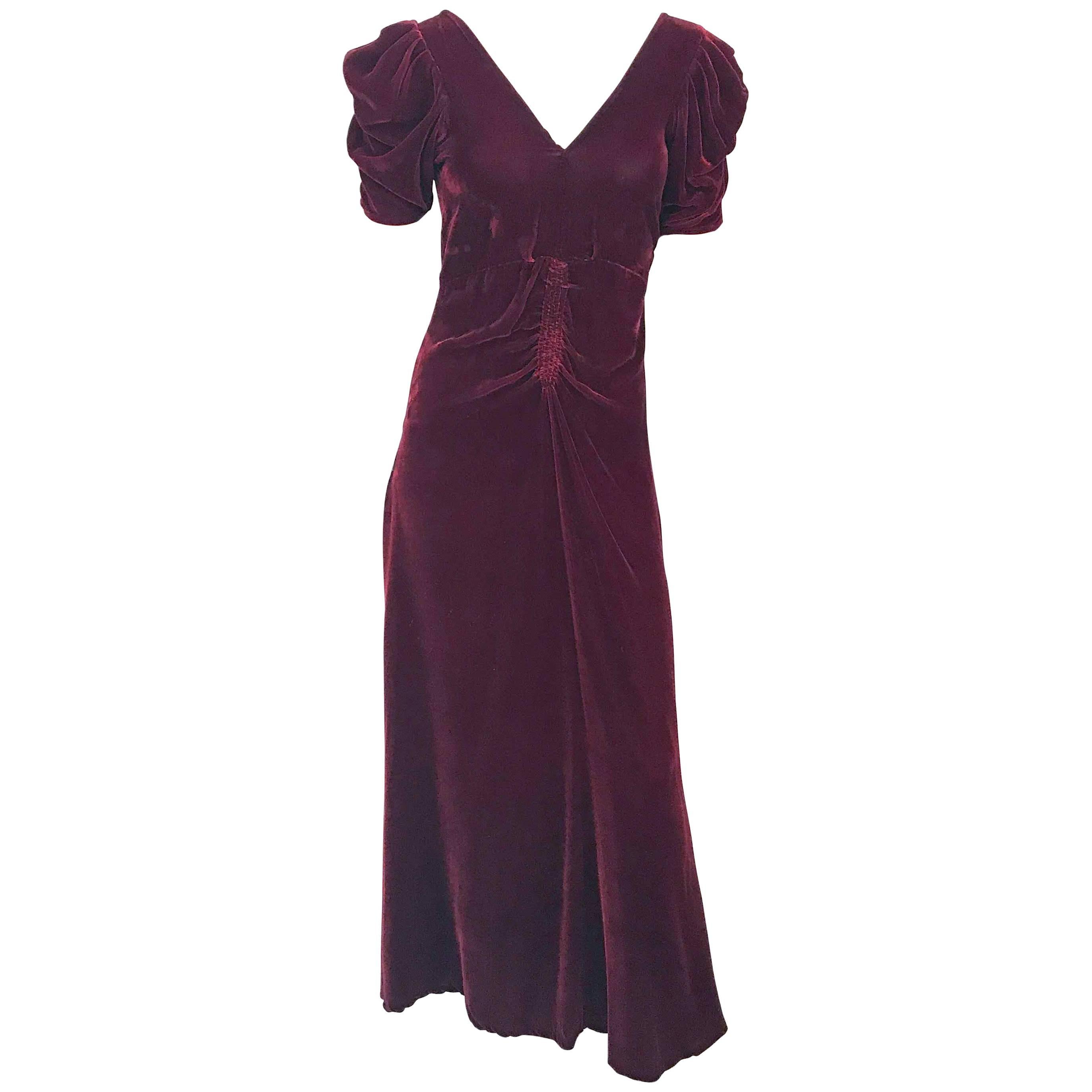 1930s Dark Rust Silk Velvet Ruched Evening Gown For Sale