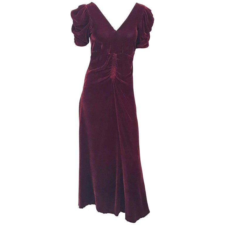 1930s Dark Rust Silk Velvet Ruched Evening Gown For Sale at 1stDibs