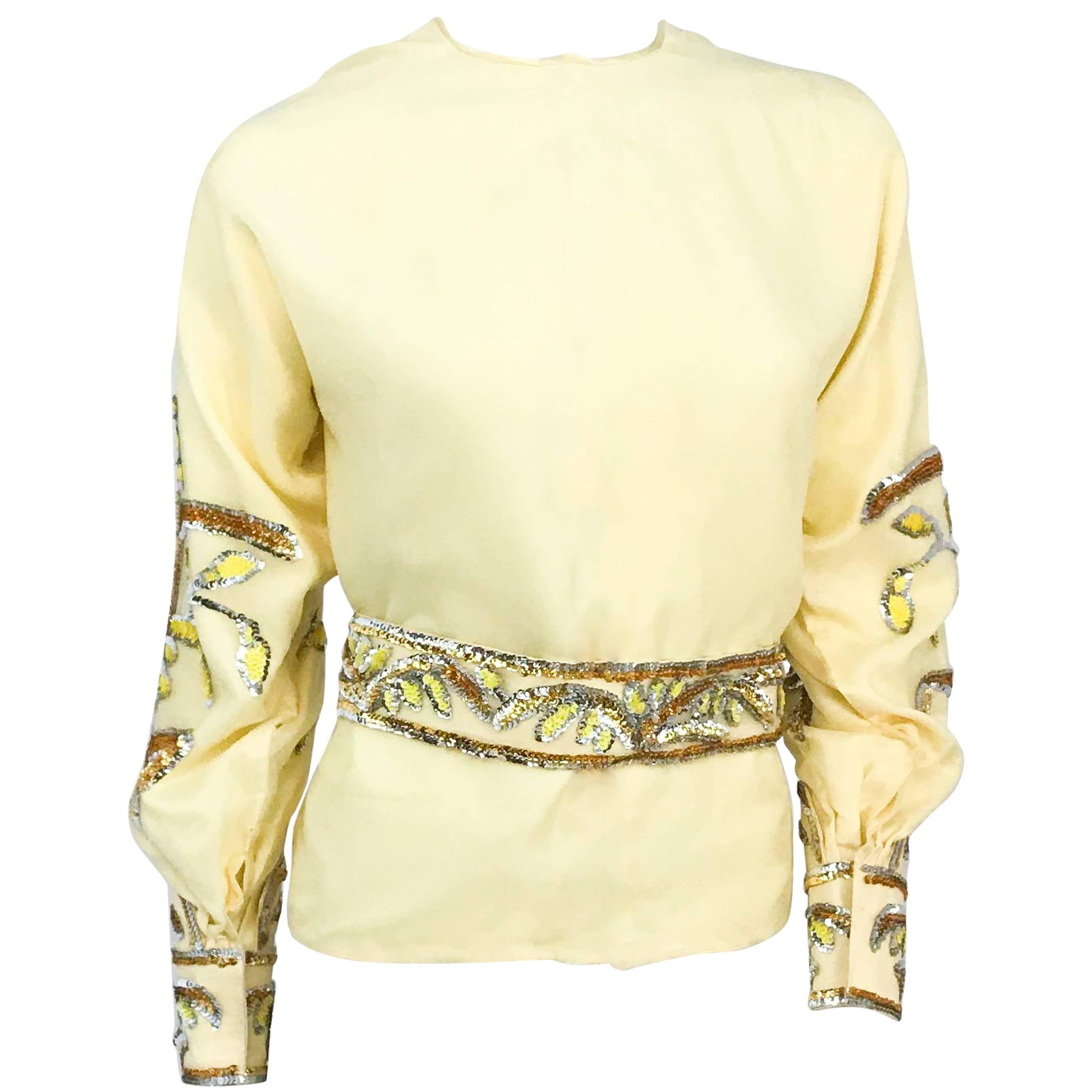 1960s Handmade Yellow Sequin Top and Belt Set with Flared Cuffs For Sale