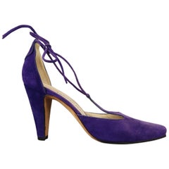 Manolo Blahnik Purple Suede Pointed Toe Tied T Strap Pumps