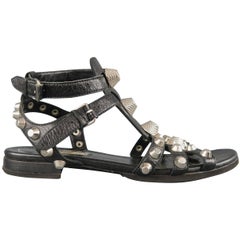 Balenciaga Black Leather Silver Arena Gladiator Flat Sandals