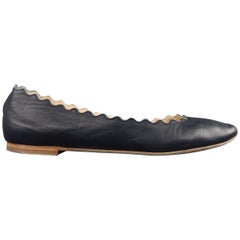 Chloe Navy Leather Scalloped Ballet Flats