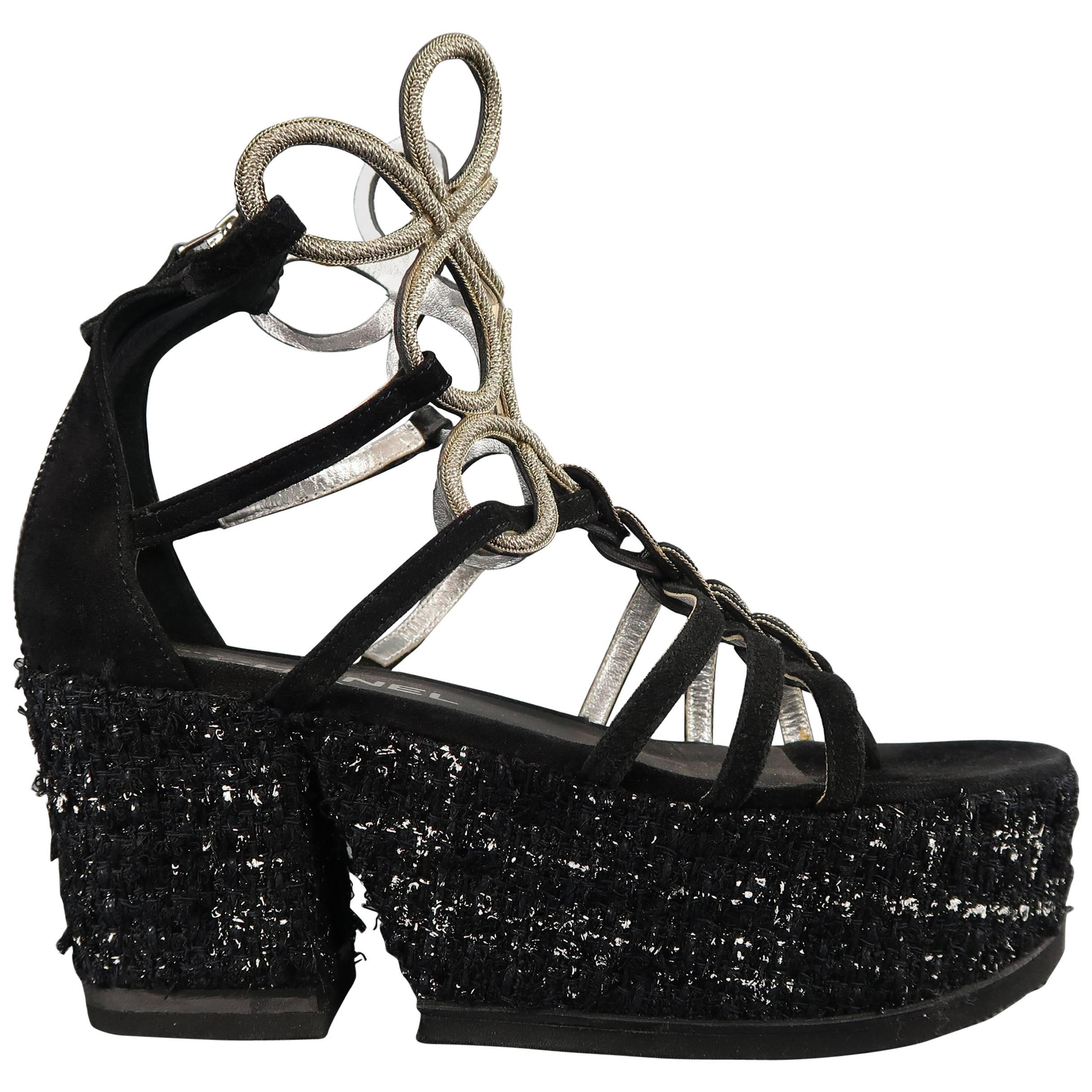 Chanel Size 7US Black Suede and Metal Gladiator Tweed Platform Wedge Sandals