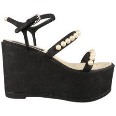 Chanel Black Suede Pearl Straps Platform Wedges