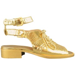 Chanel Size 7 Gold Metallic Leather Peep Toe Ankle Strap Oxford Sandals