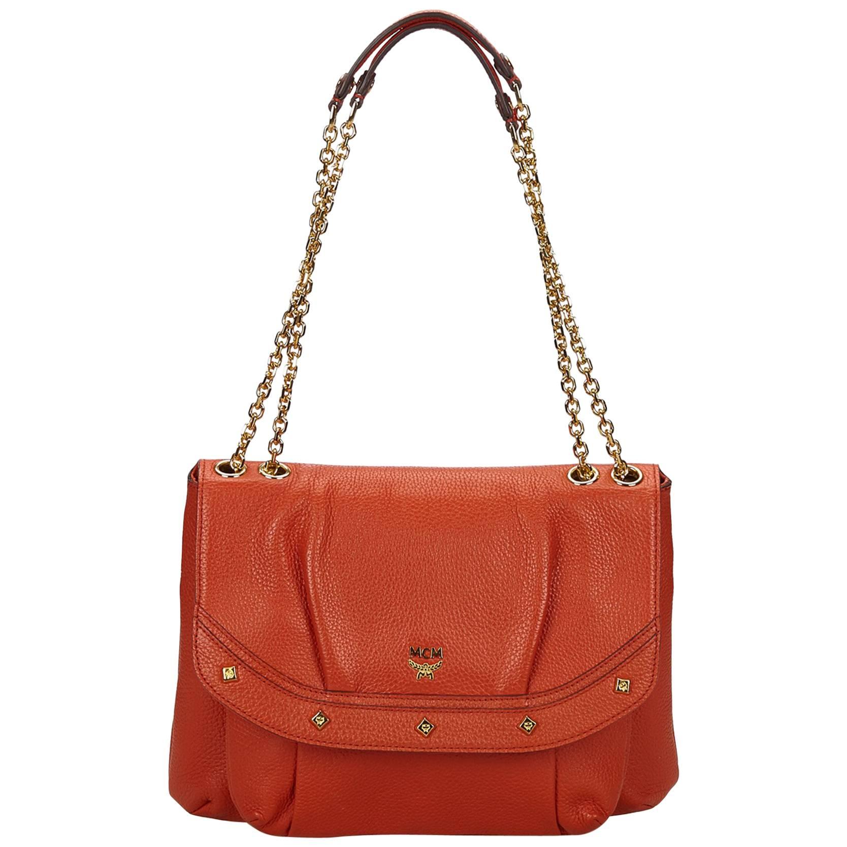 MCM Orange Leather Chain Shoulder Bag For Sale