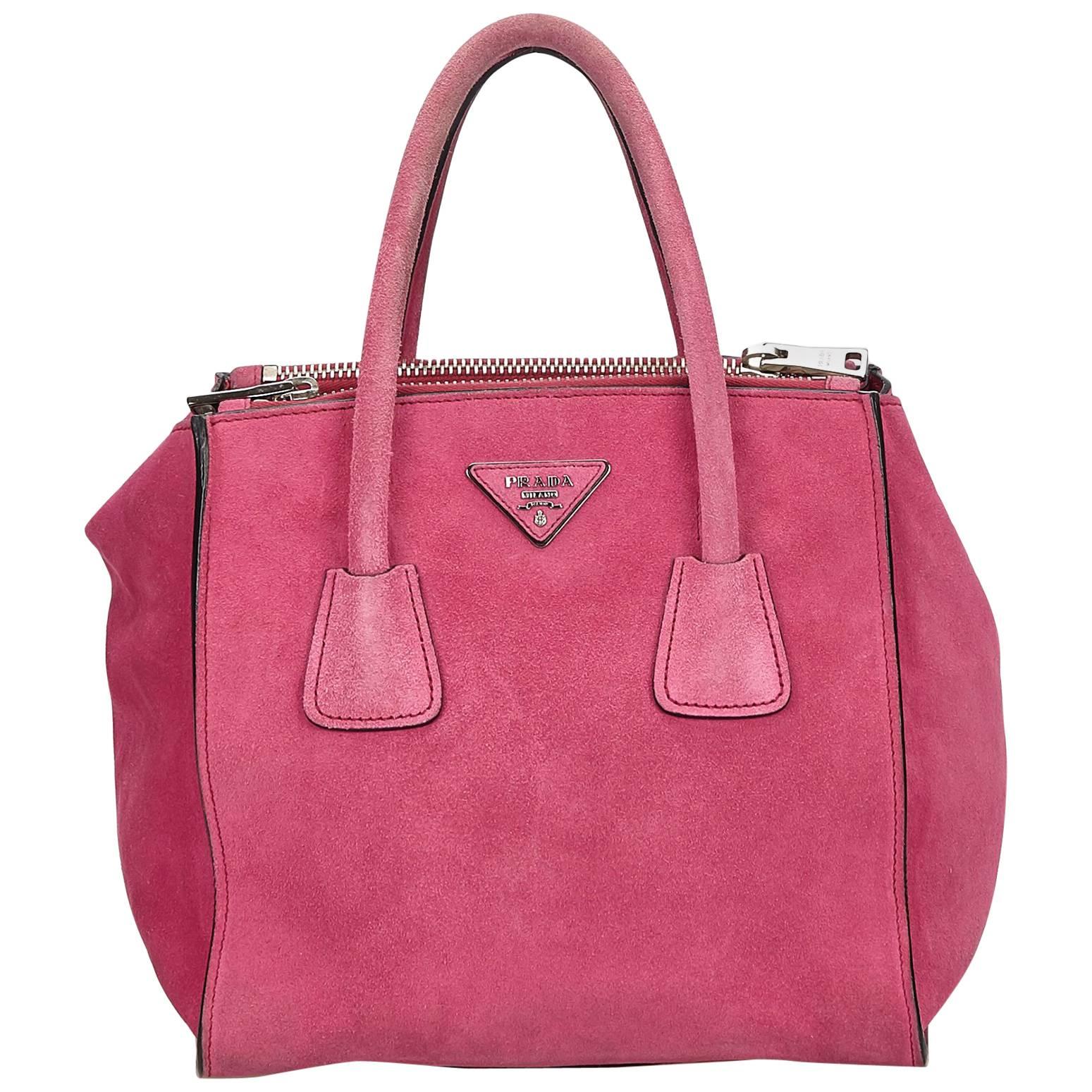Prada Pink Suede Twin Pocket Tote For Sale