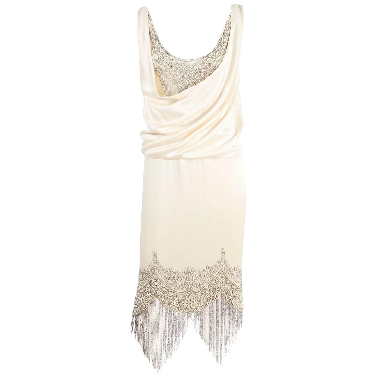 Alexander McQueen Ivory Silk Embroidered Beaded Dress with Fringe, 2007 