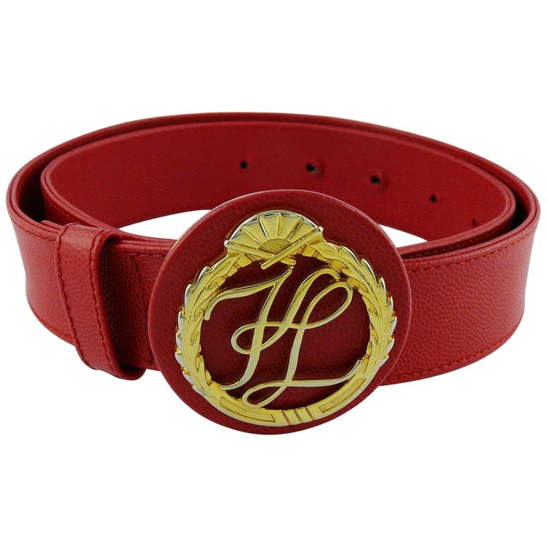 Karl Lagerfeld Vintage Red Grained Leather Belt with Gold Toned Logo ...