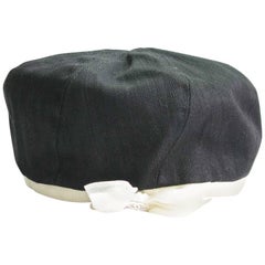 CHANEL Beret in Black Cotton and Ivory Grosgrain Edging and Ecru Bow Size 58