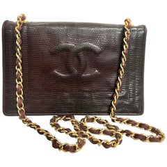  Chanel Vintage genuine dark wine brown lizard chain shoulder bag with CC mark 