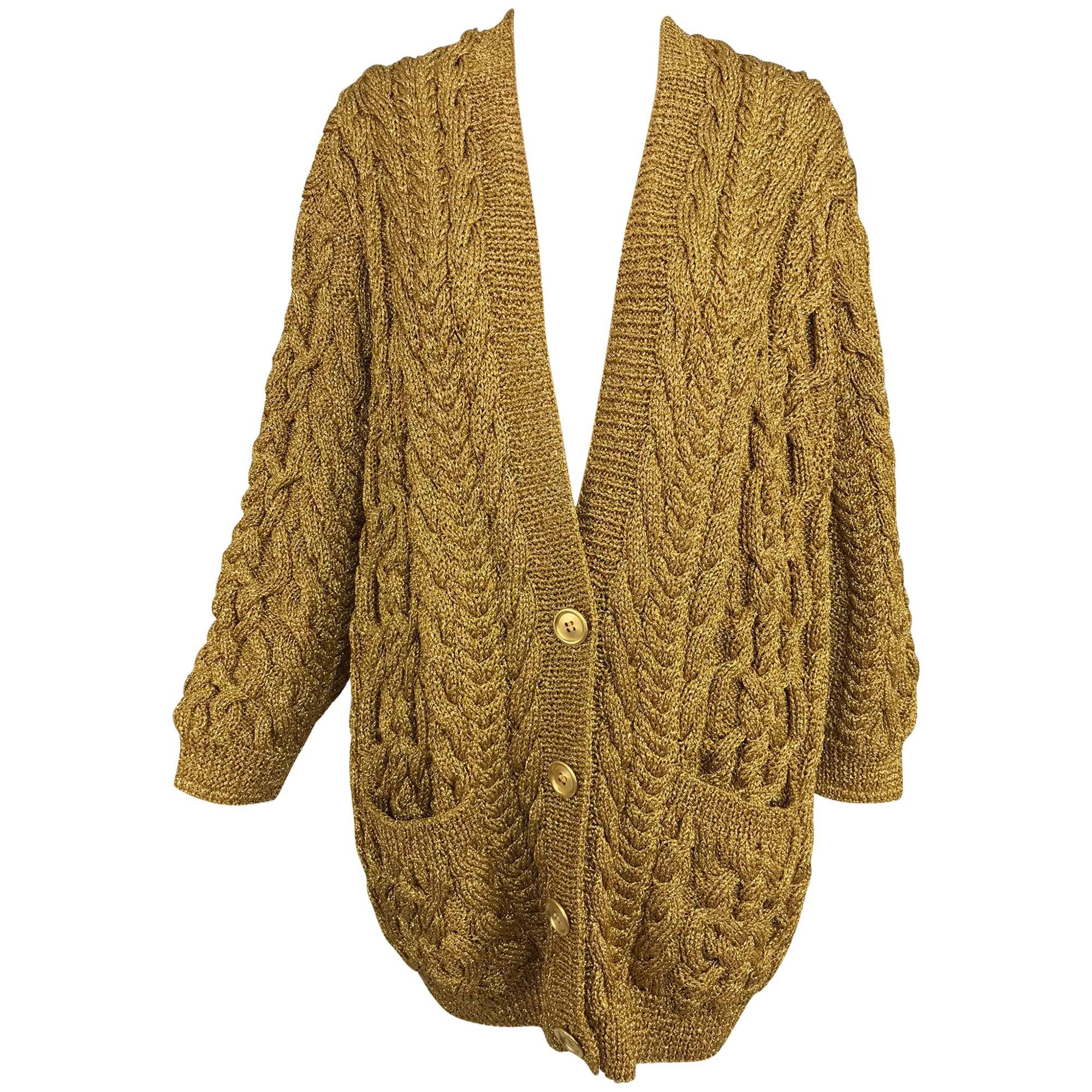 Anne Klein chunky gold metallic knit cardigan sweater 1990s