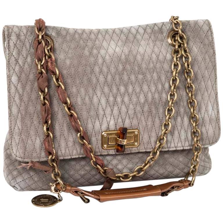 Lanvin Quilted Suede Gray Mouse Bag with Aged Gold Chain