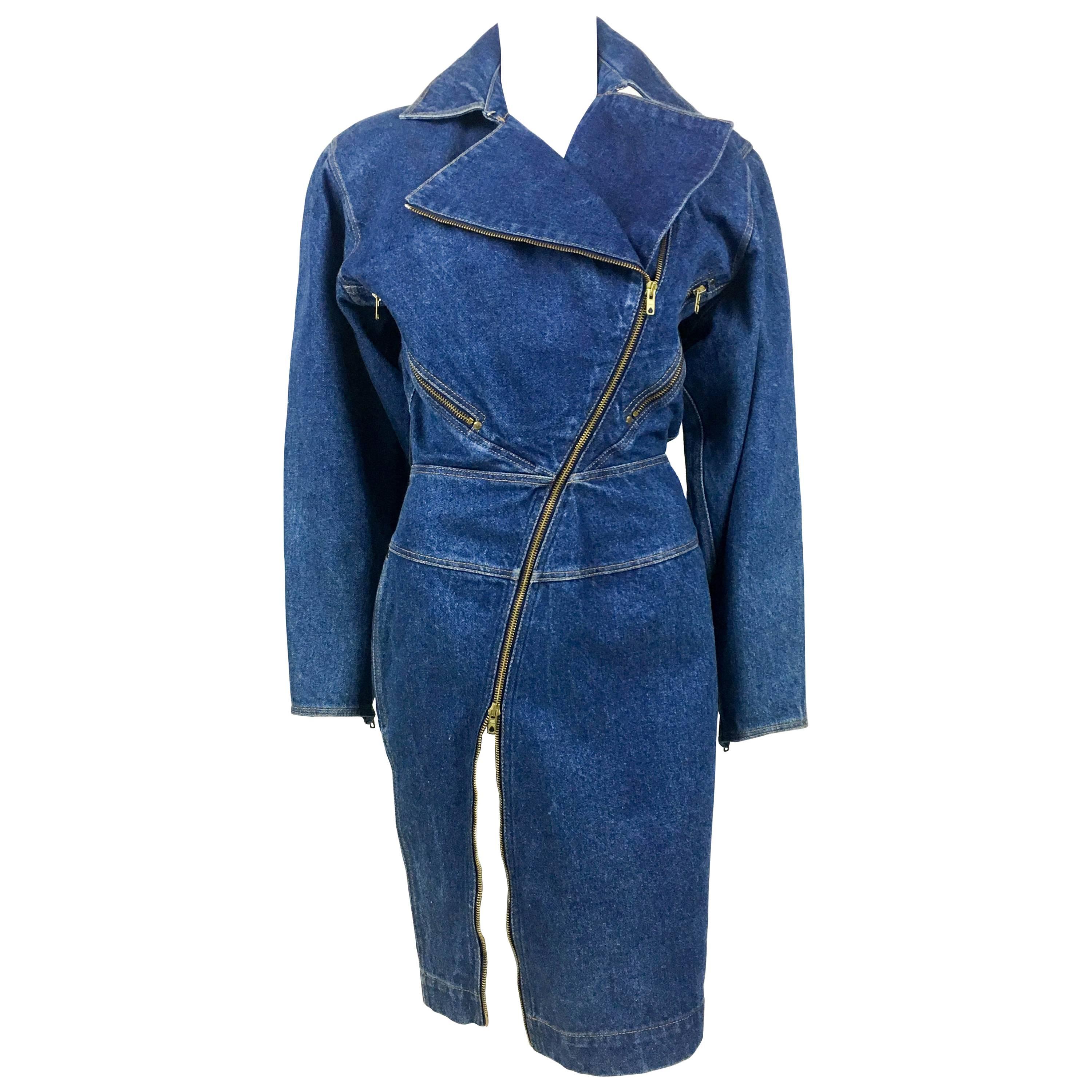 Azzedine Alaia Blue Denim Zipper Dress, 1985  For Sale