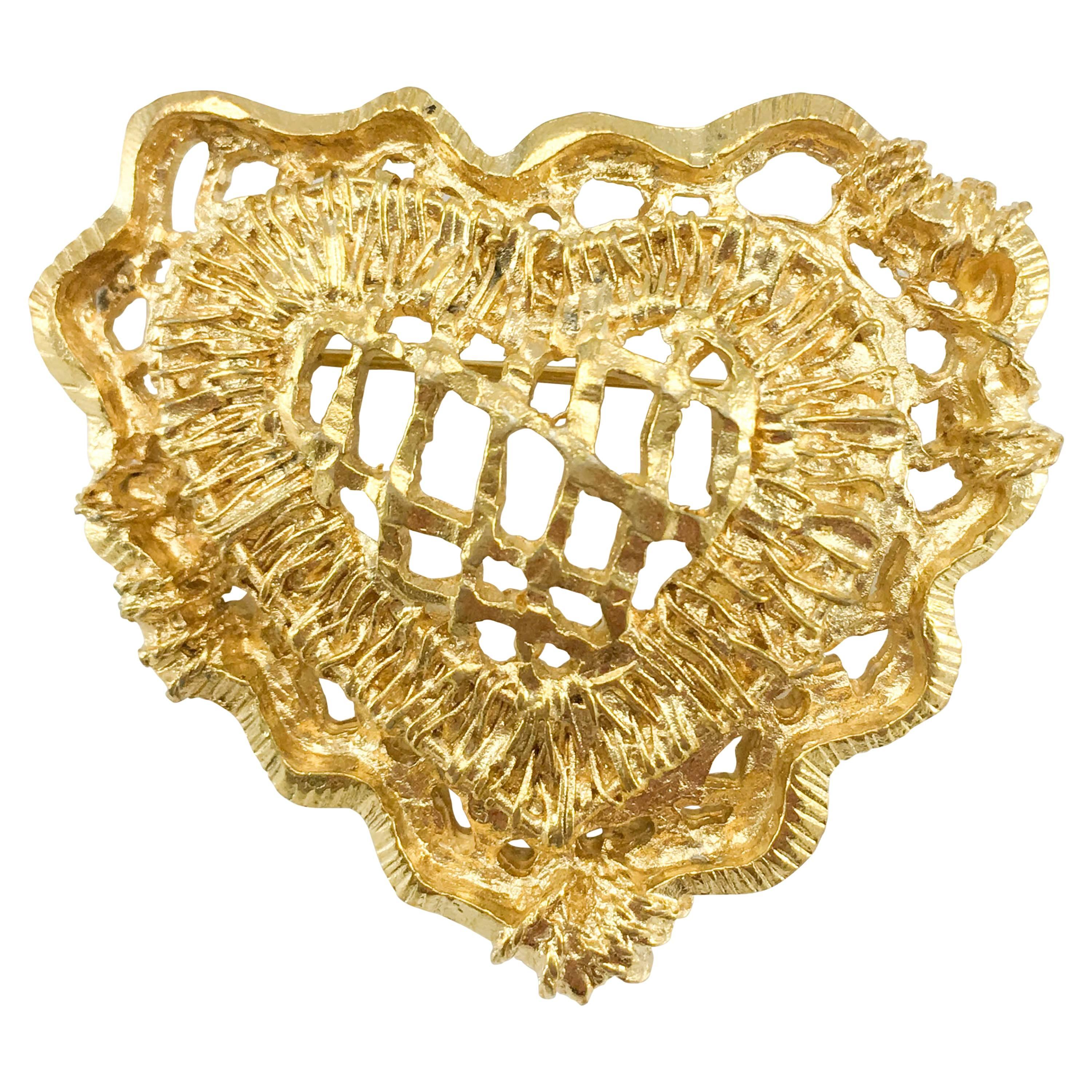 1990's Christian Lacroix Gold-Plated Stylised Heart Brooch For Sale