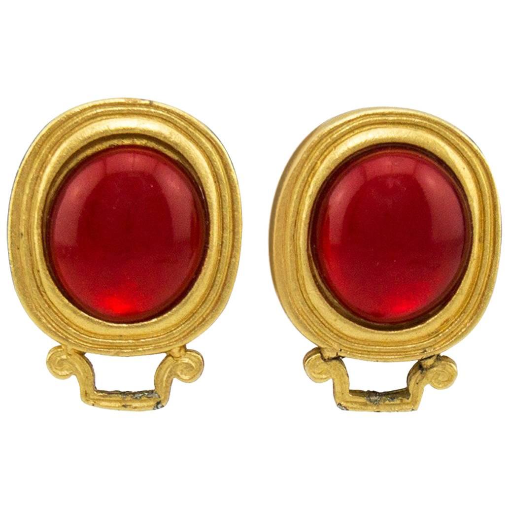 1980s YSL Yves Saint Laurent Red and Gold Earrings